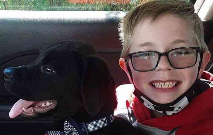 Le chien malade Bruce et sont maître Bryson Kliemann