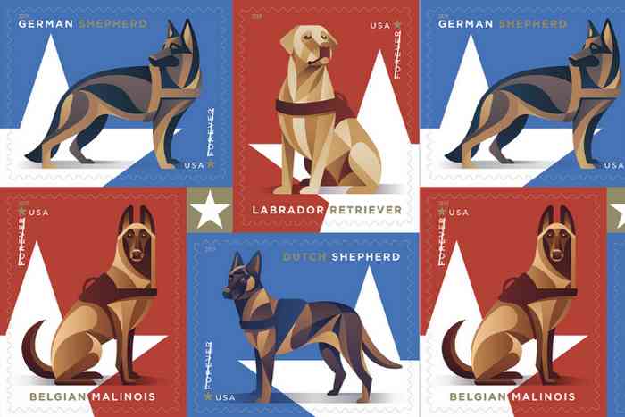 Série de timbres de chiens militaires éditée par la poste us